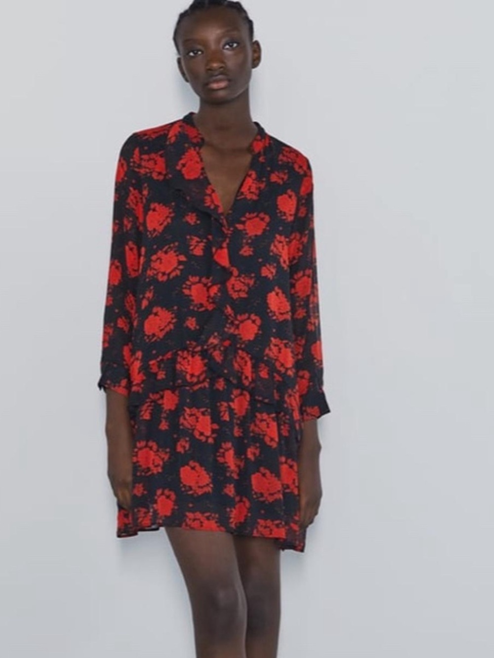 Black and Red Floral Long-Sleeve Ruffle Dress